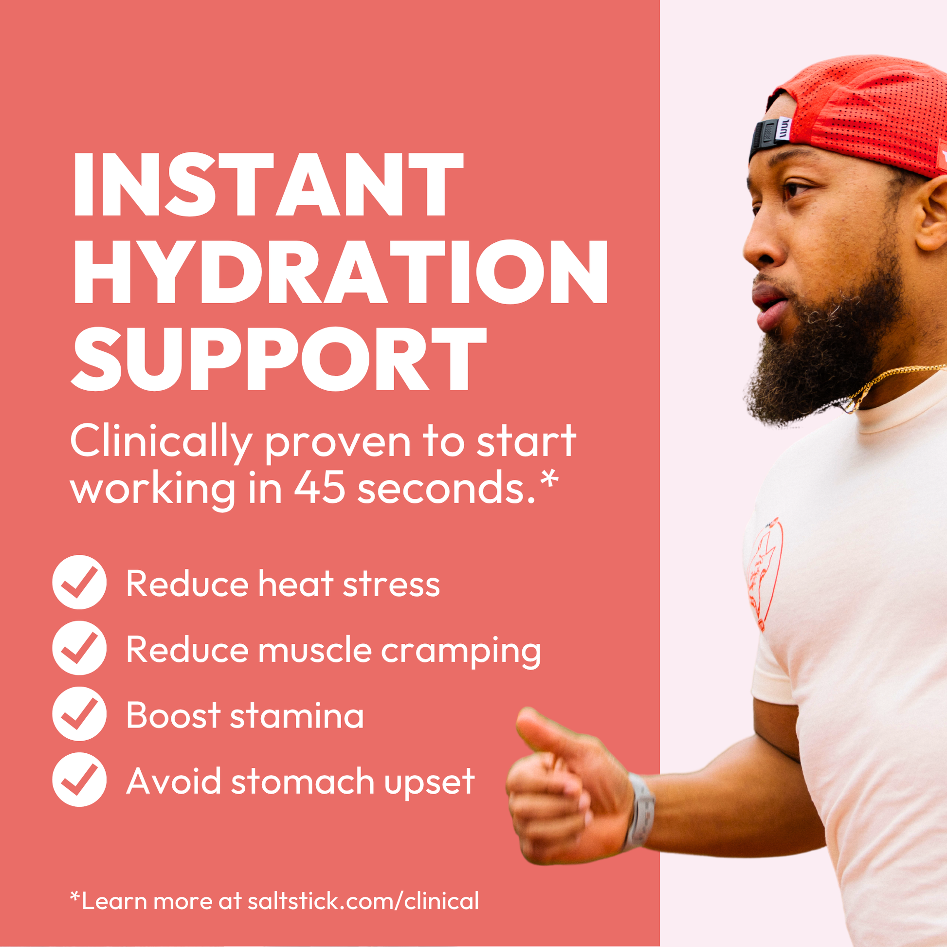 Advertisement for instant hydration support with a man exercising and text on a light gold background