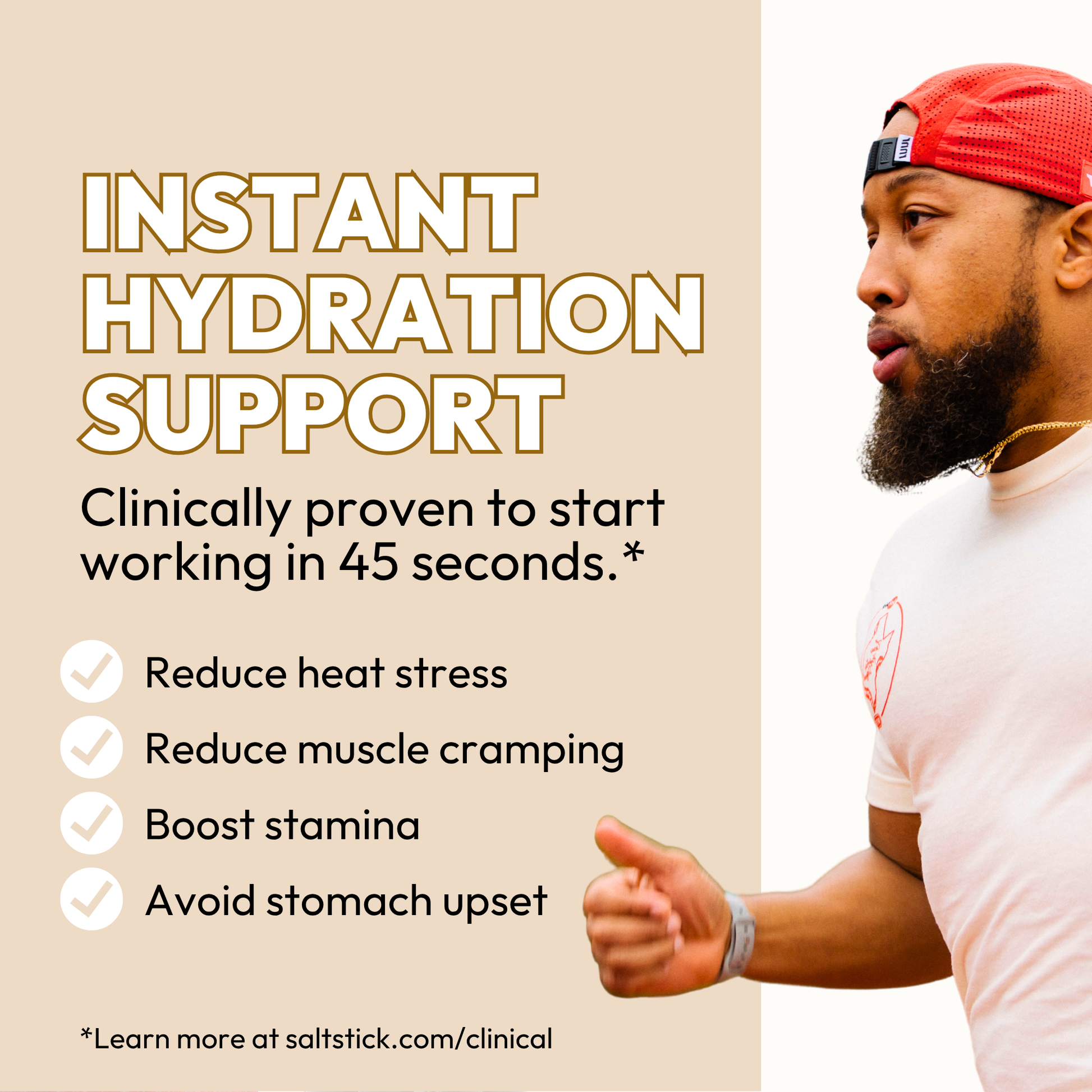 Advertisement for instant hydration support with a man exercising and text on a light brown background