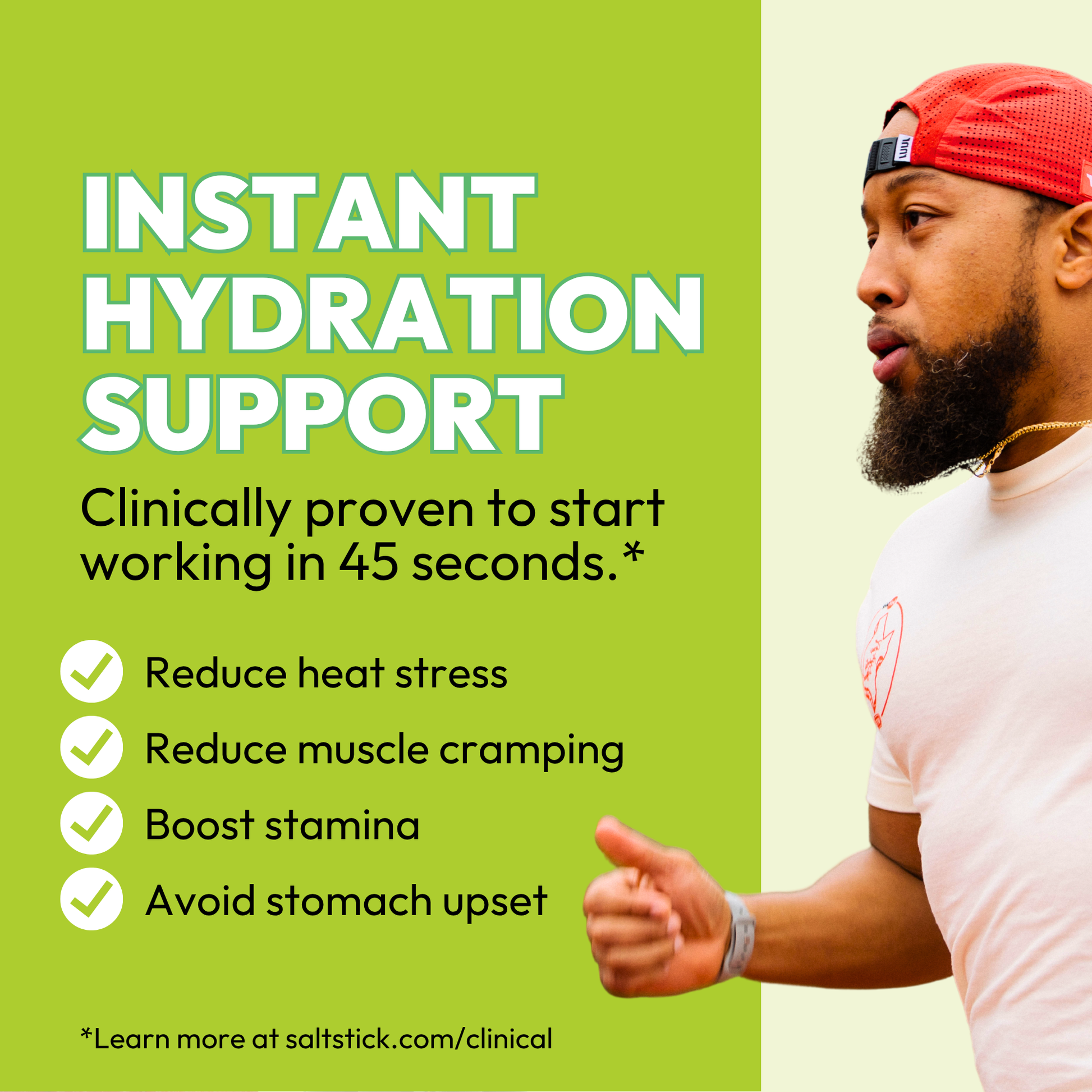 Advertisement for instant hydration support with a man exercising and text on a light green background