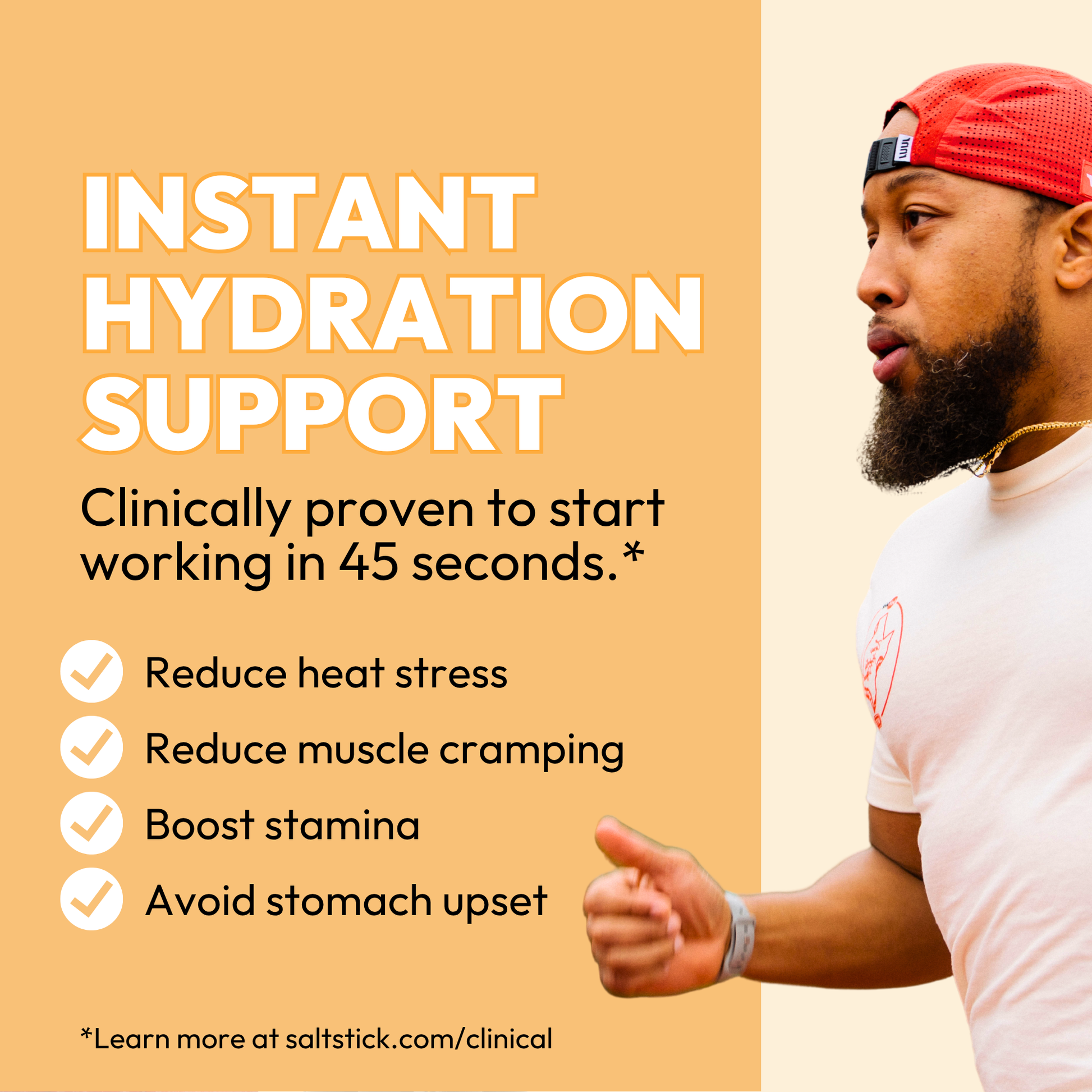 Advertisement for instant hydration support with a man exercising and text on a peach background