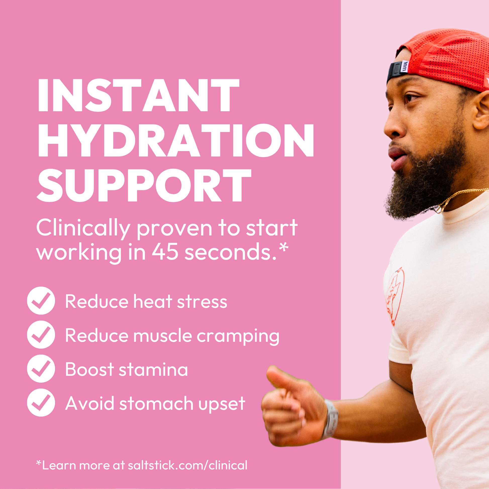 Advertisement for instant hydration support with a man exercising and text on a pink background