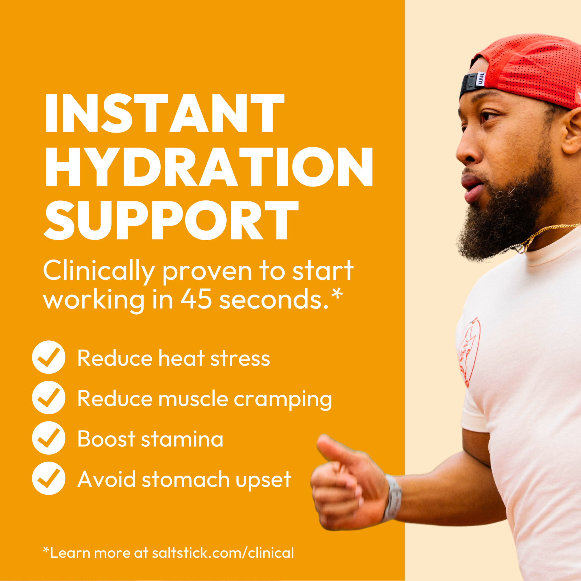 Advertisement for instant hydration support with a man exercising and text on a orange background