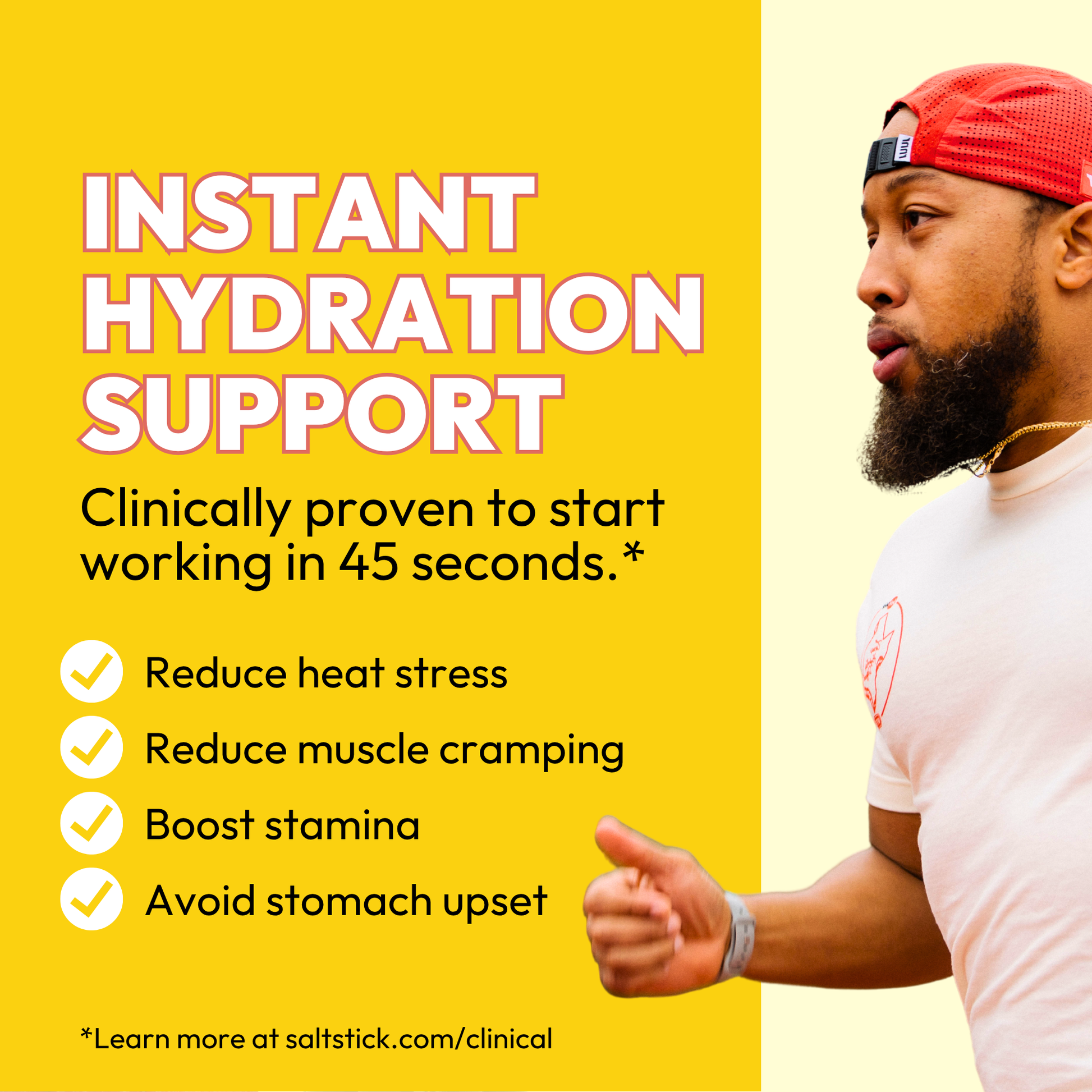 Advertisement for instant hydration support with a man exercising and text on a light gold background