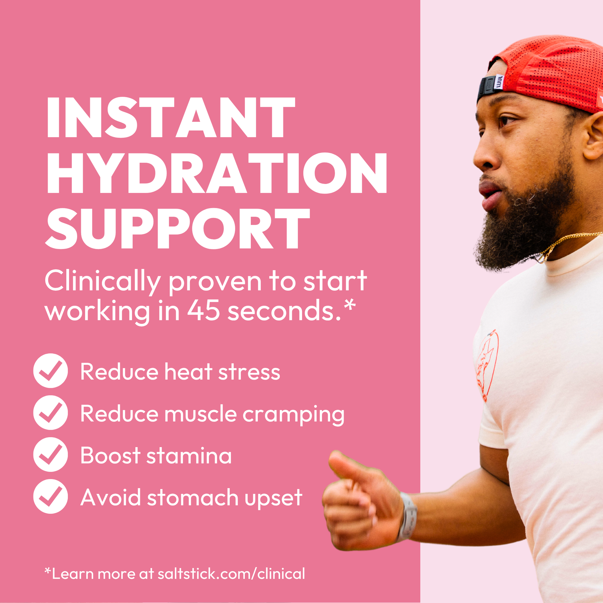 Advertisement for instant hydration support with a man exercising and text on a pink background