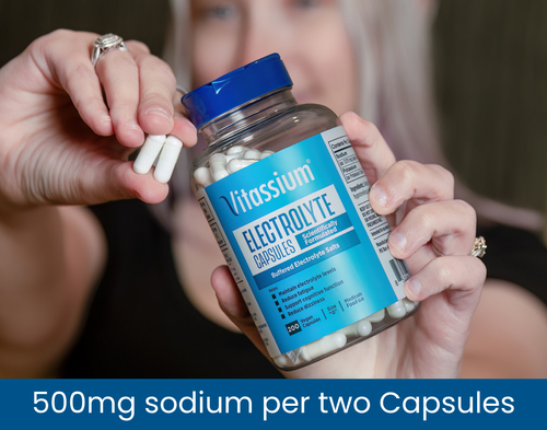 Hands holding a 200-count bottle of Vitassium Electrolyte Capsules with two white capsules, labeled 500 mg sodium per two capsules.