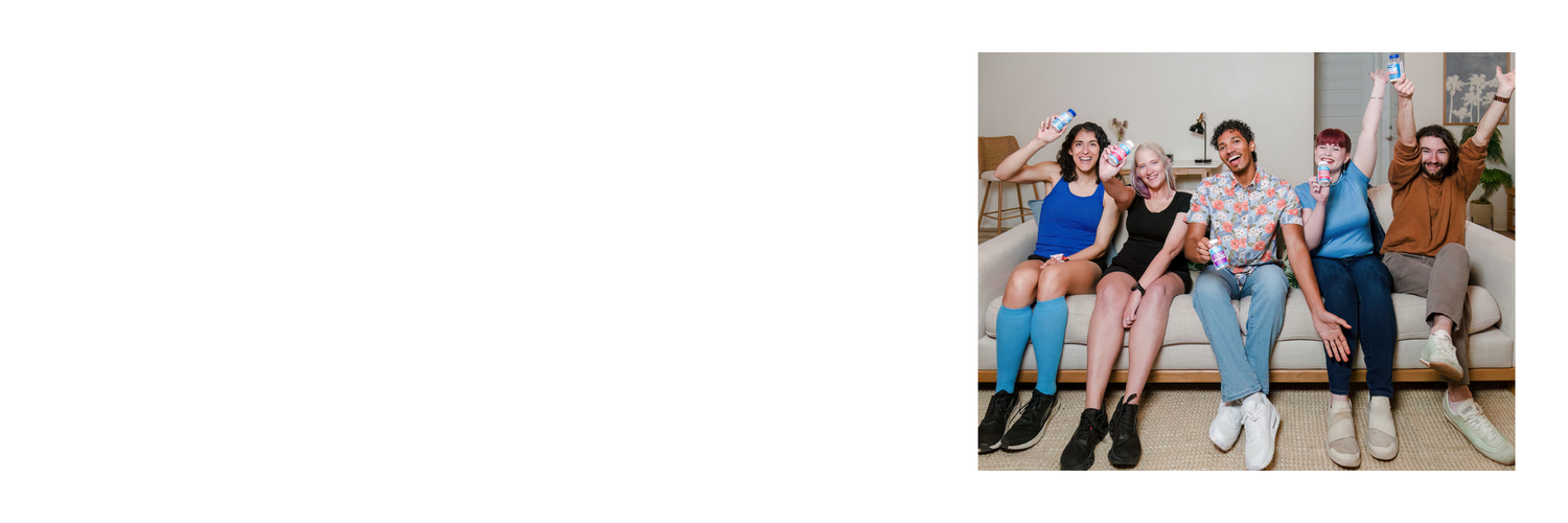Five diverse people sitting on a couch cheering and holding Vitassium electrolyte capsules and FastChews bottles, with one woman wearing blue compression socks.
