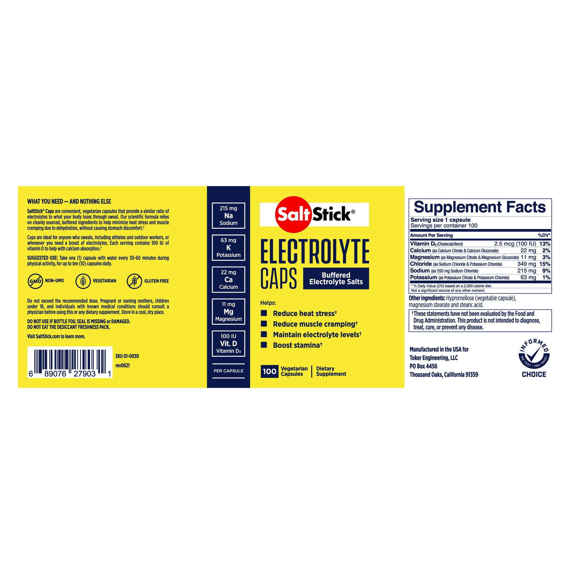 SaltStick Electrolyte Capsules Bottle of 100 Supplement Facts