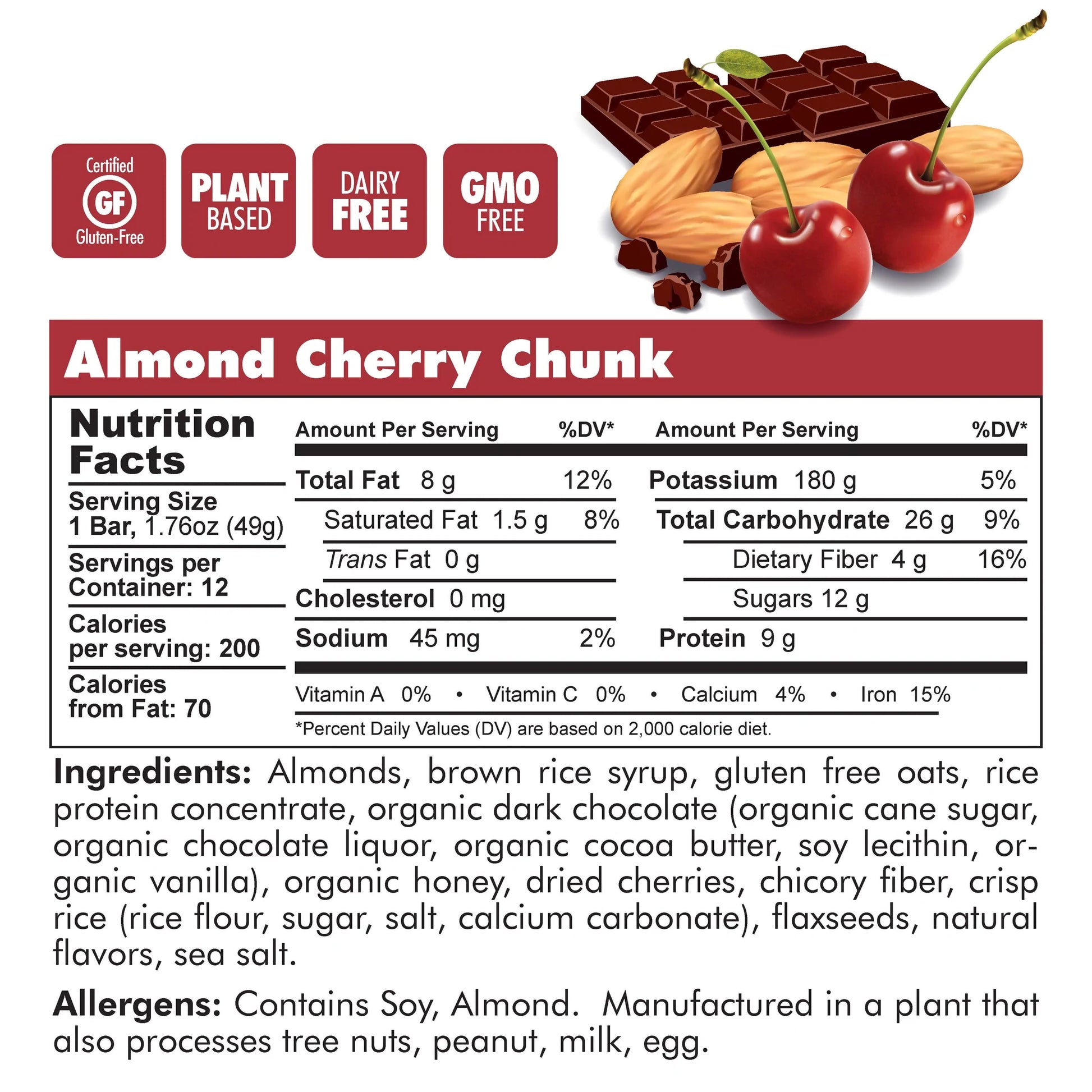 Bonk Breaker Almond Cherry Chunk Plant-Based Protein Bar Nutrition Facts and Ingredients
