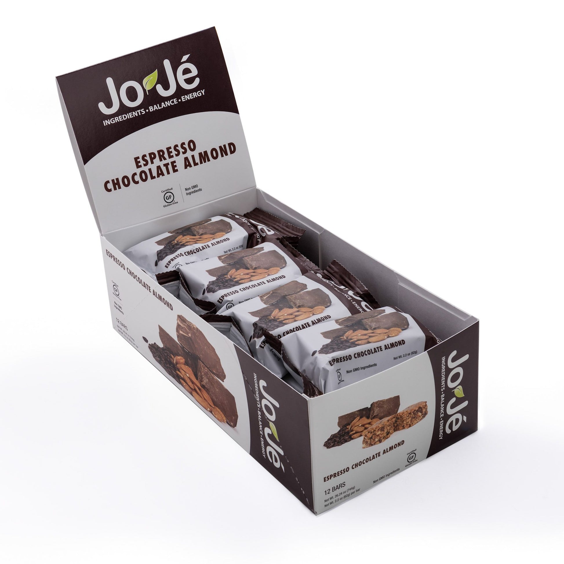 JoJé Espresso Chocolate Almond Bars display box of 12