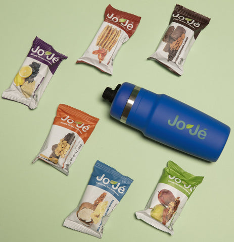 Blue water bottle branded with JoJé logo surrounding by JoJé Bars  