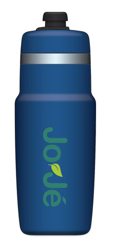 Blue water bottle branded with JoJé logo