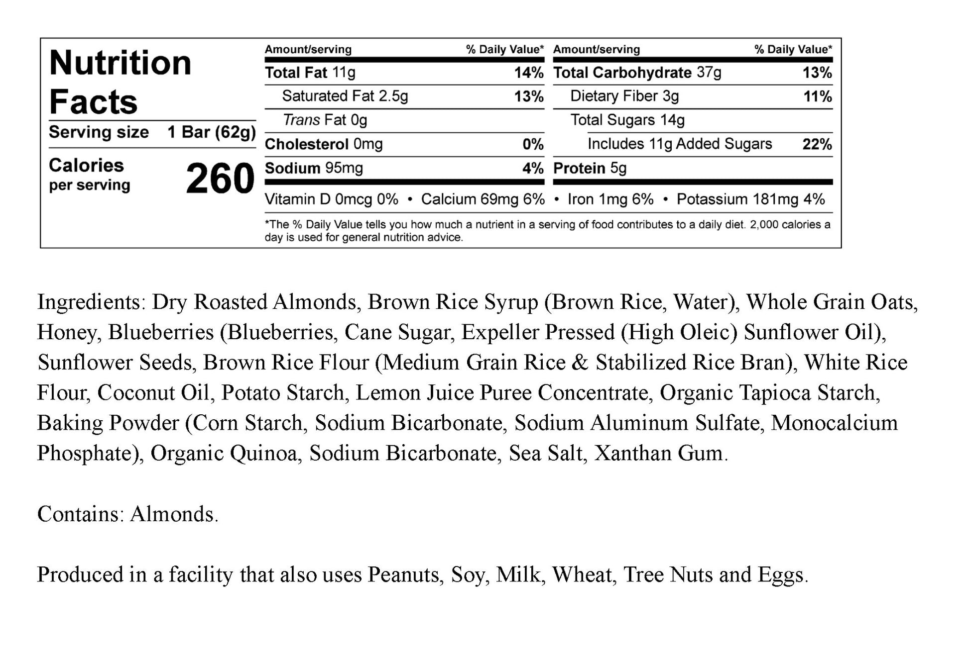 JoJé Lemon Blueberry Quinoa Bar Nutrition Facts and Ingredients