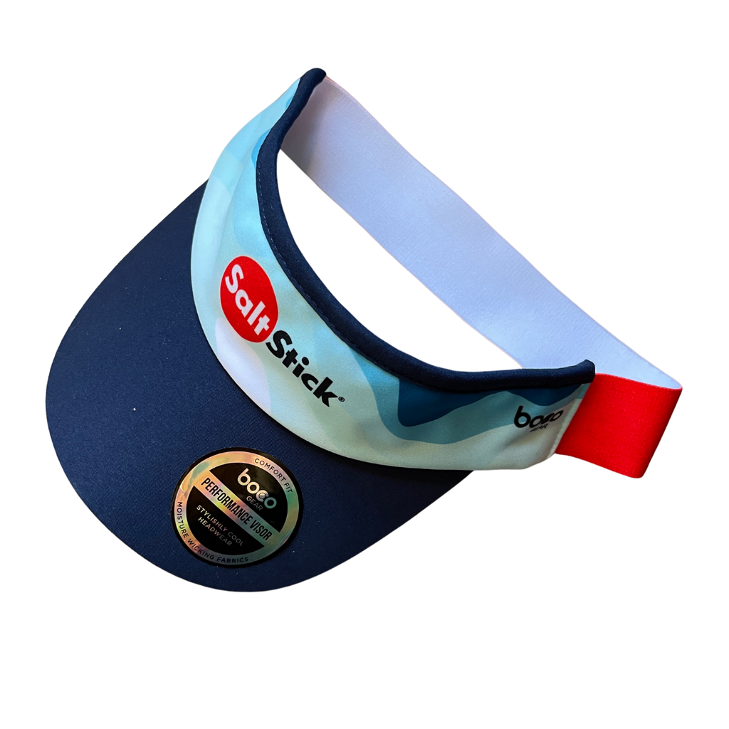 SaltStick blue visor with waves design and logo