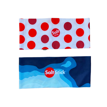 SaltStick white headband with red polka dots. Blue headband with waves design and logo. 