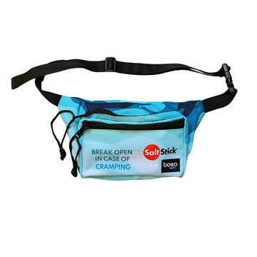 SaltStick Boco fanny pack with blue waves design and printed with Break Open In Case of Cramping