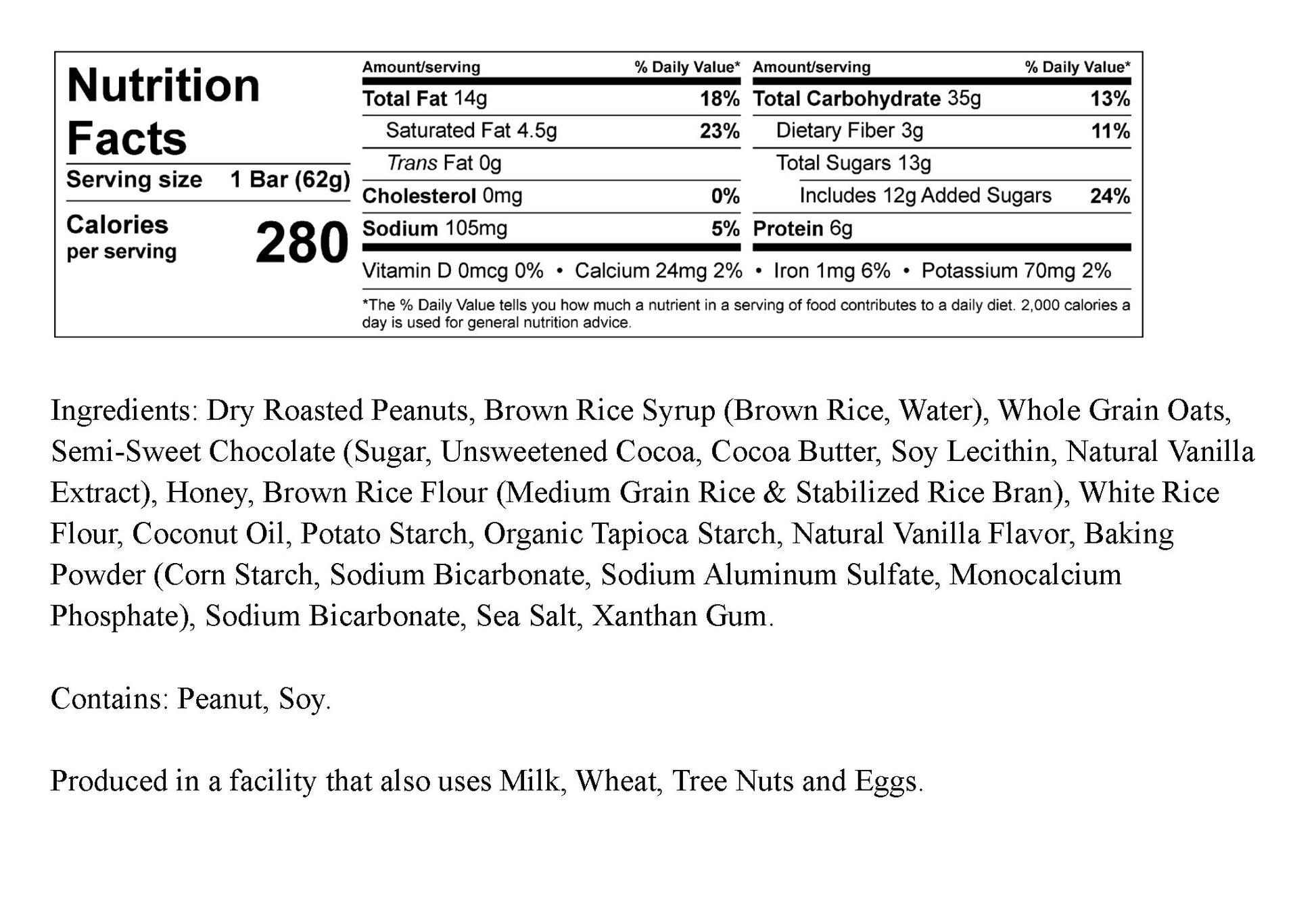JoJé Peanut Butter Chocolate Chip Bar Nutrition Facts and Ingredients