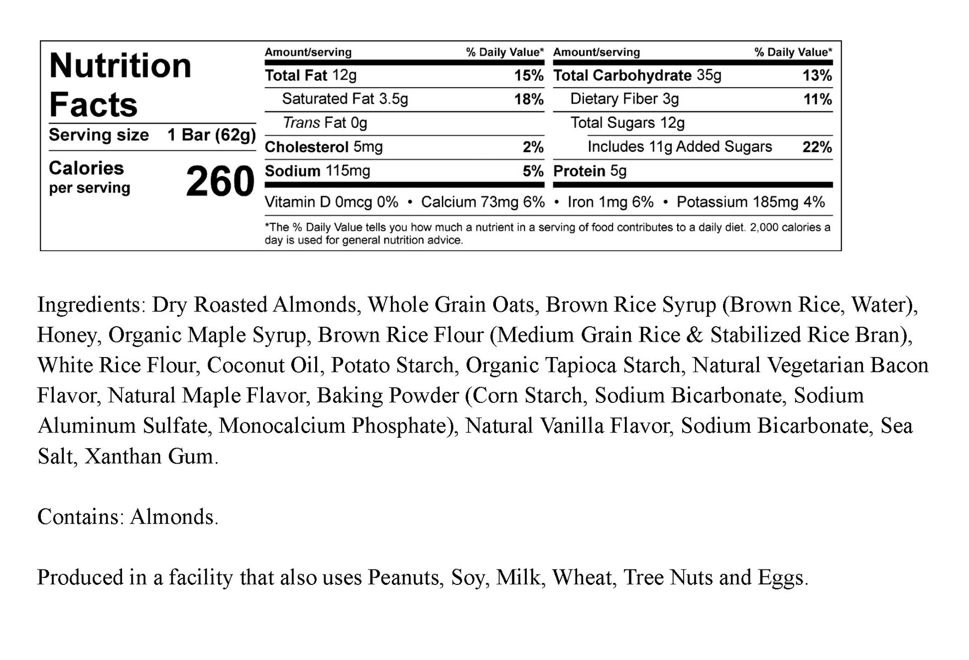 JoJé Pancakes and Bacon Bar Nutrition Facts and Ingredients