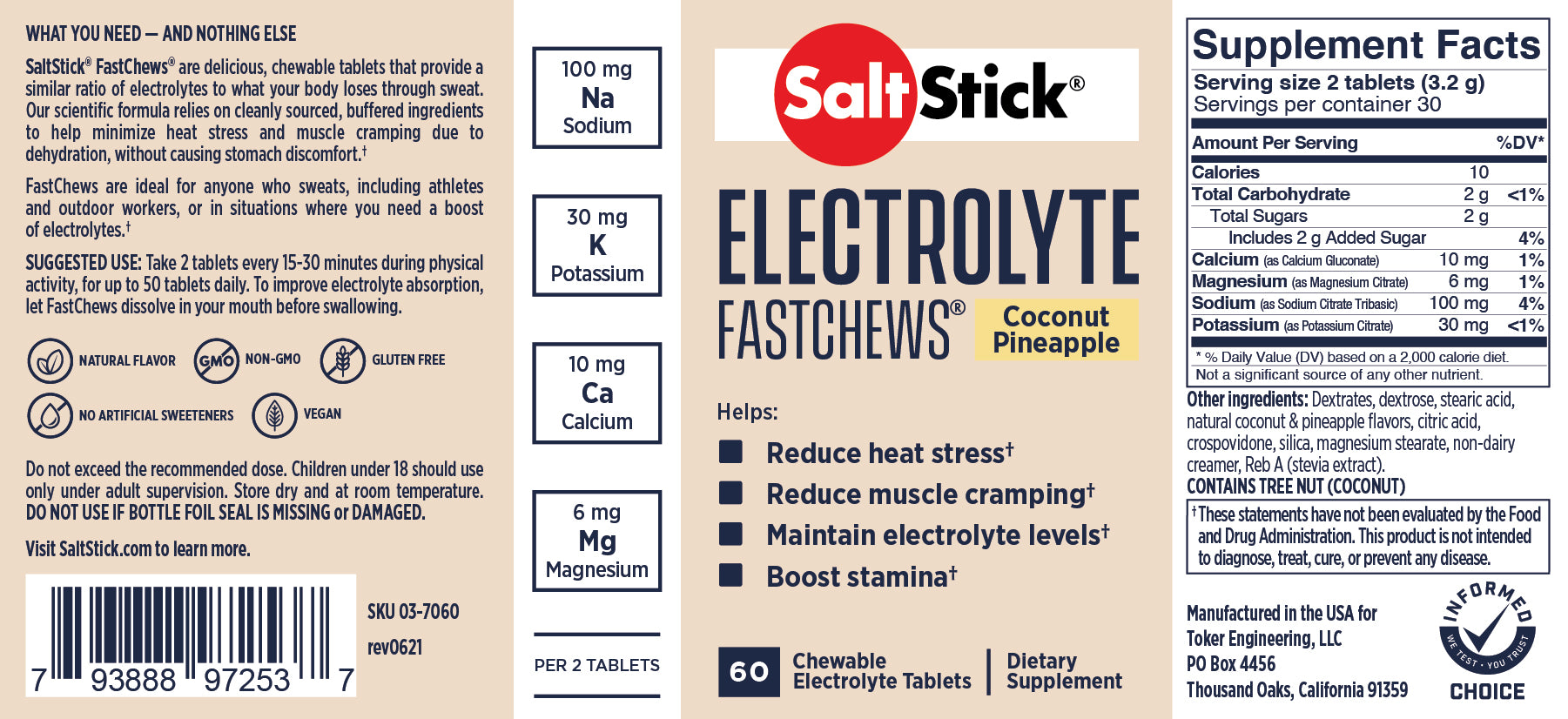 SaltStick FastChews Chewable Electrolyte Tablets Coconut Pineapple Label