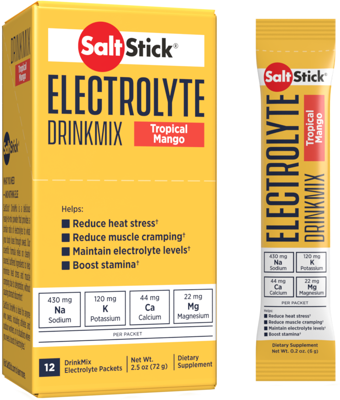 SaltStick Electrolyte Drink Mix Tropical Mango box of 12 stick packets