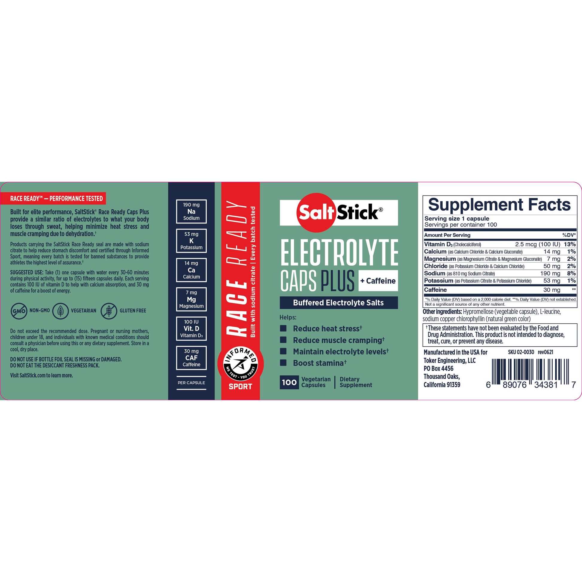 SaltStick Race Ready Electrolyte Caps Plus with Caffeine Label