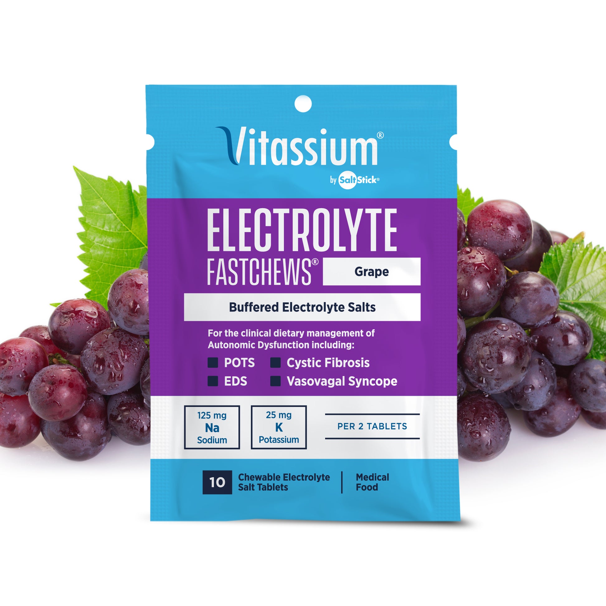 Vitassium FastChews Chewable Electrolyte Salt Tablets Grape Packet of 10