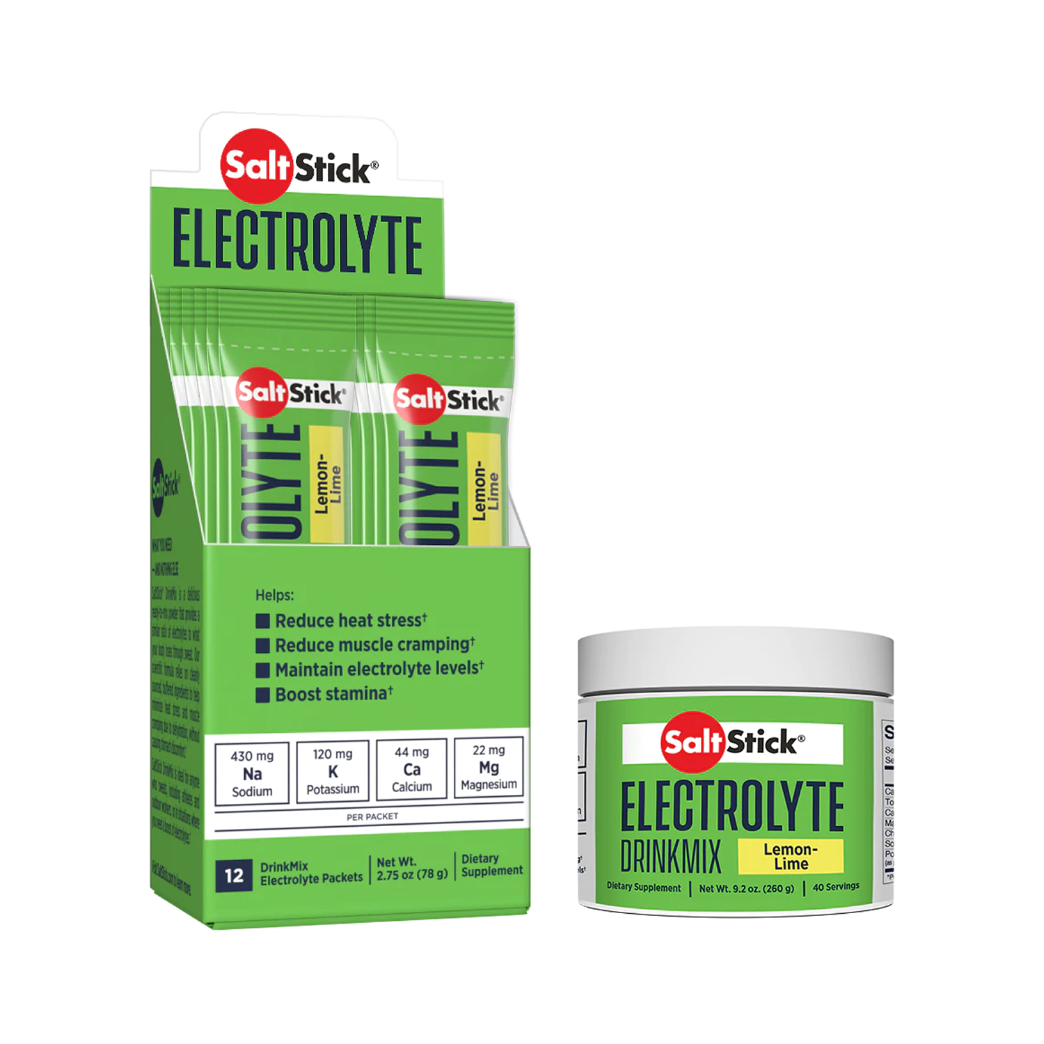 SaltStick Electrolyte Drink Mix Lemon-Lime in Stick Packets and Tub