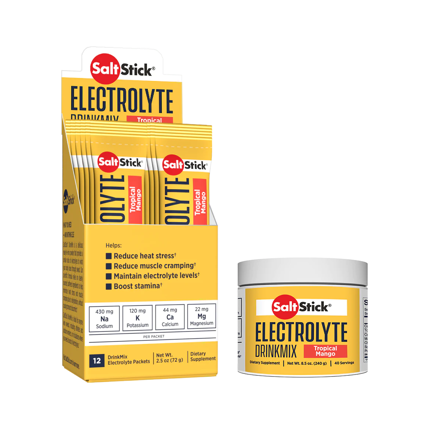 SaltStick Electrolyte Drink Mix Tropical Mango stick packets and tub