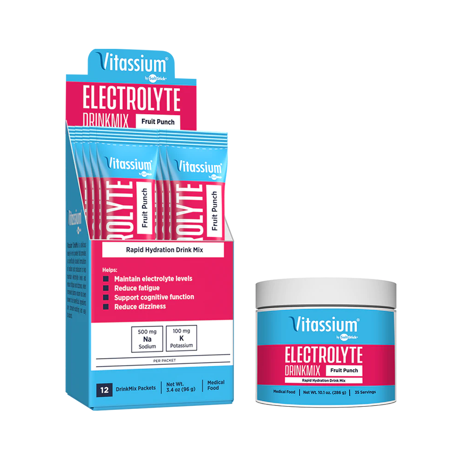 Vitassium Electrolyte Drink Mix Fruit Punch stick packets and tub