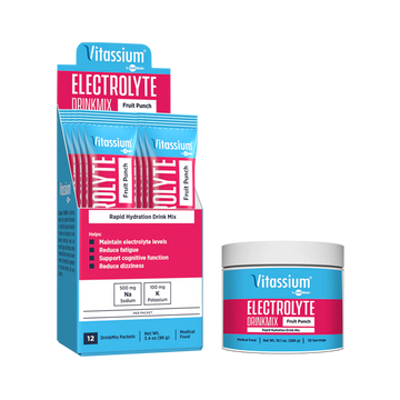 Vitassium Electrolyte Drink Mix Fruit Punch stick packets and tub