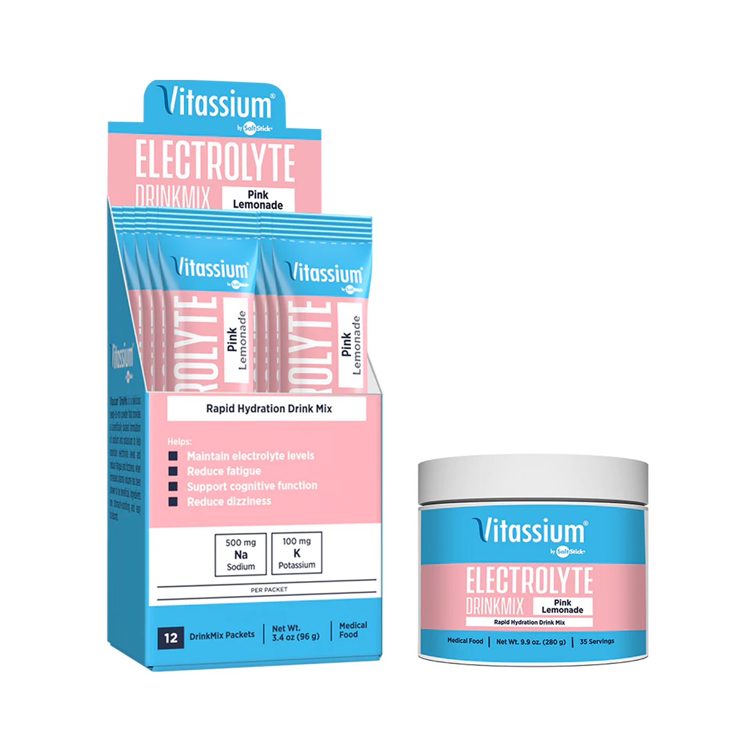 Vitassium Electrolyte Drink Mix Pink Lemonade stick packets and tub